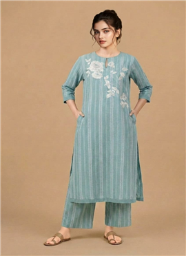 Blue Cotton Striped Floral Kurta Set