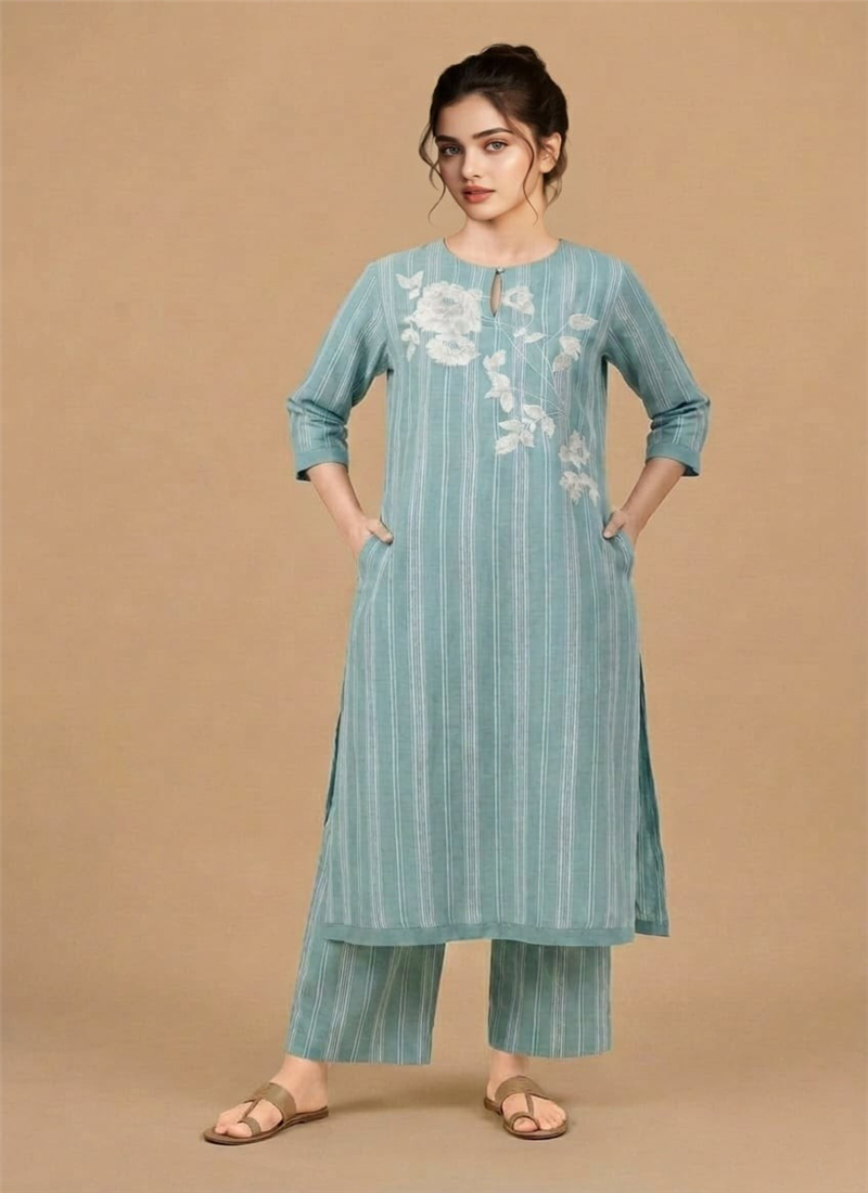 Blue Cotton Striped Floral Kurta Set After Six Wear