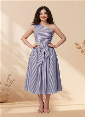 Blue Cotton Striped One Shoulder Midi Dress