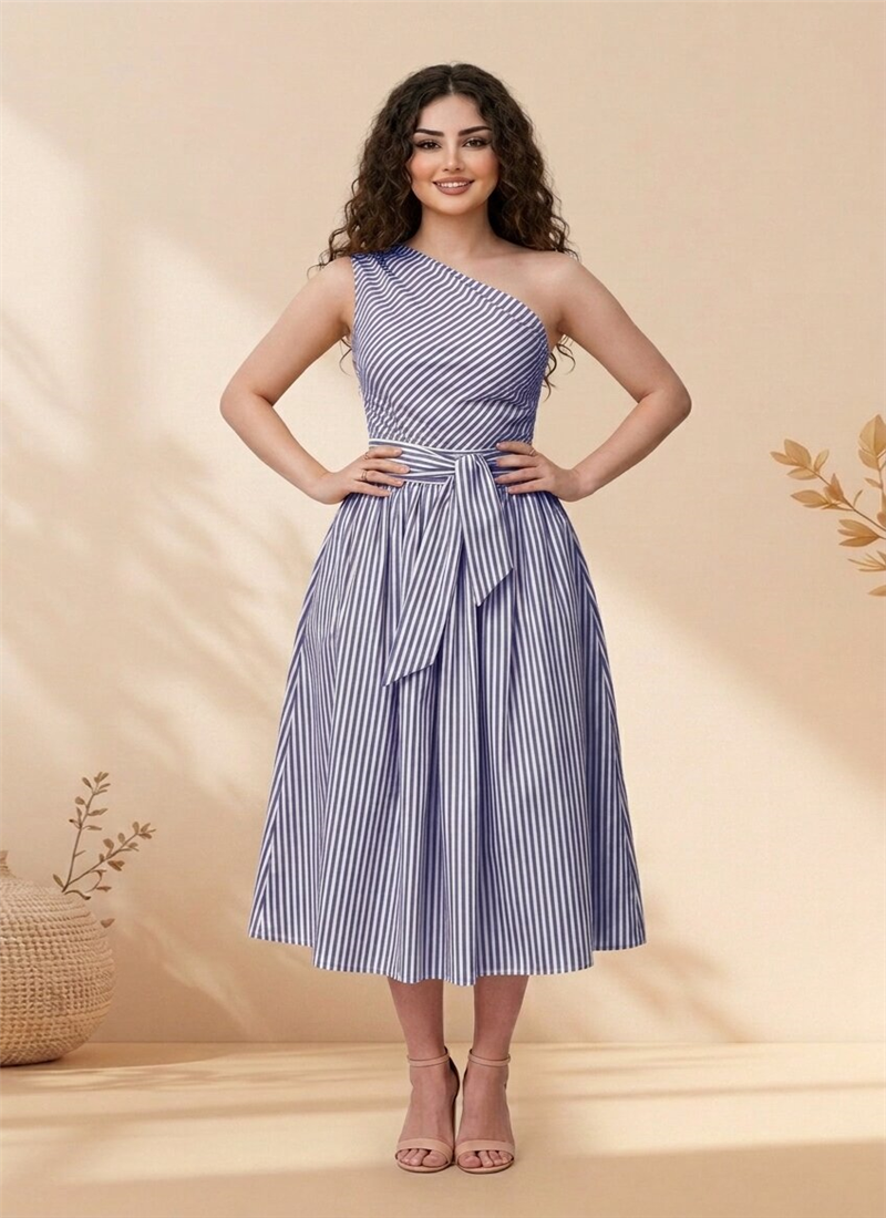 Blue Cotton Striped One Shoulder Midi Dress Party Wear
