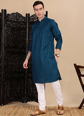 Blue Cotton Textured Kurta