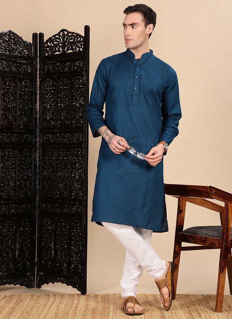 Blue Cotton Textured Kurta