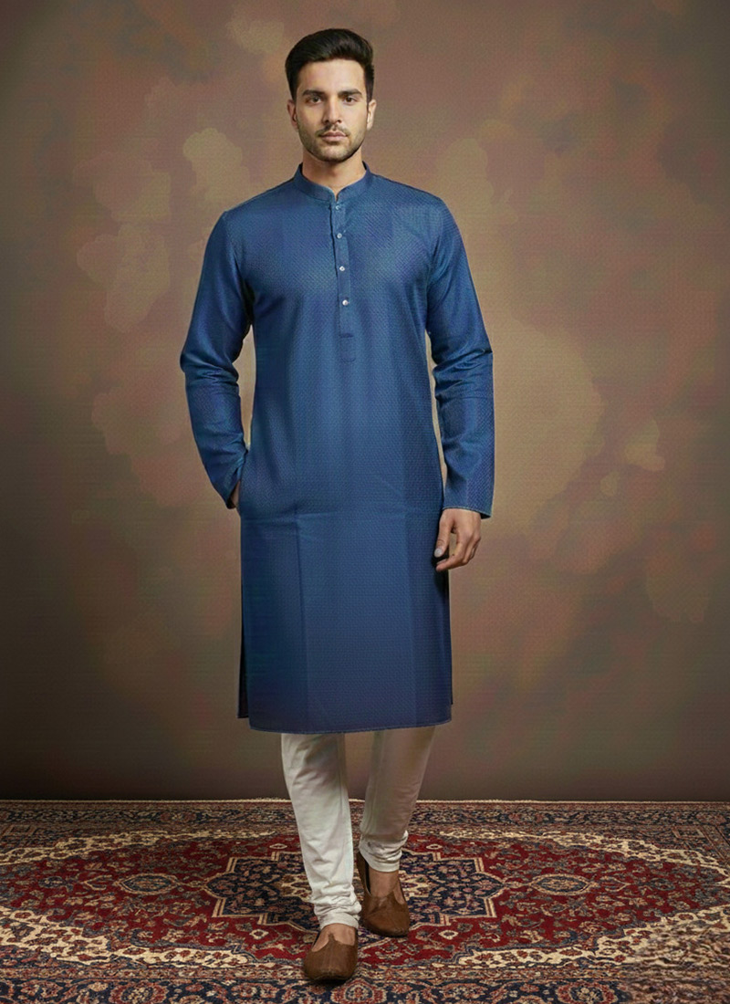 Blue Cotton Textured Kurta Pyjama Festive Wear