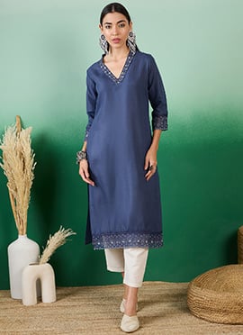 Blue Cotton Thread Work Long Kurti