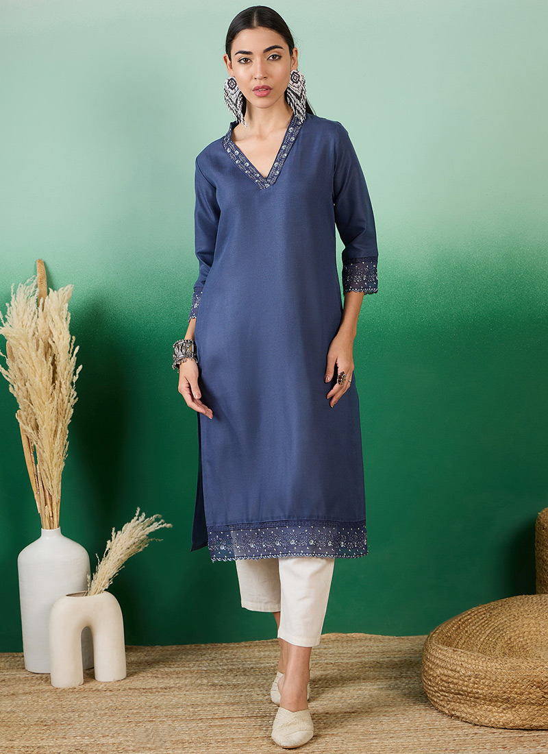 Blue Cotton Thread Work Long Kurti