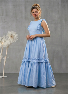 Blue Cotton Tiered Maxi Dress