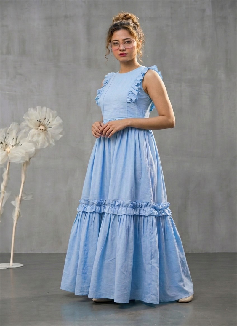 Blue Cotton Tiered Maxi Dress After Six Wear