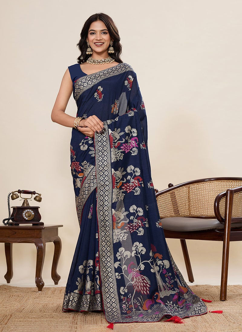 Blue Cotton Zari And Foil Print Saree Festive Wear
