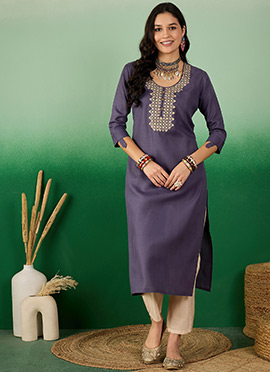 Blue Cotton Zari Sequins Long Kurti