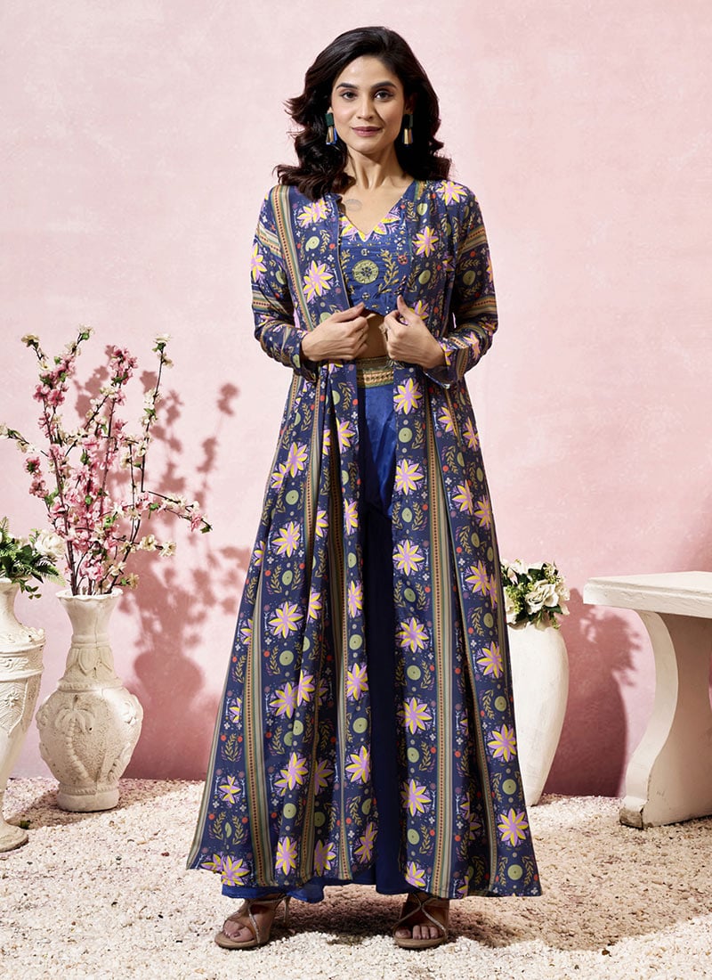 Blue Crepe Digital Print Beads Indowestern Palazzo Set Wedding Wear