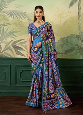 Blue Crepe Silk Digital Print Mirror Work Saree