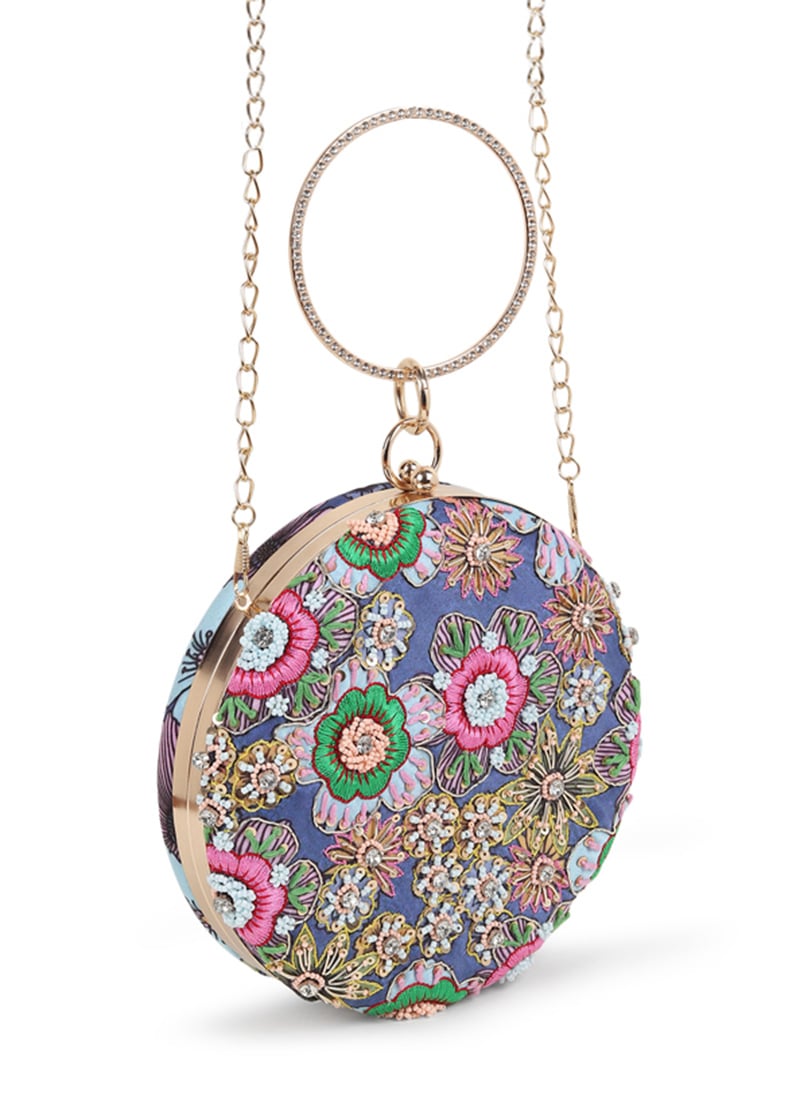 Blue Crepe Silk Printed Beads Sequins Clutch Wedding Wear