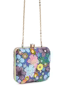 Blue Crepe Silk Printed Beads Sequins Clutch