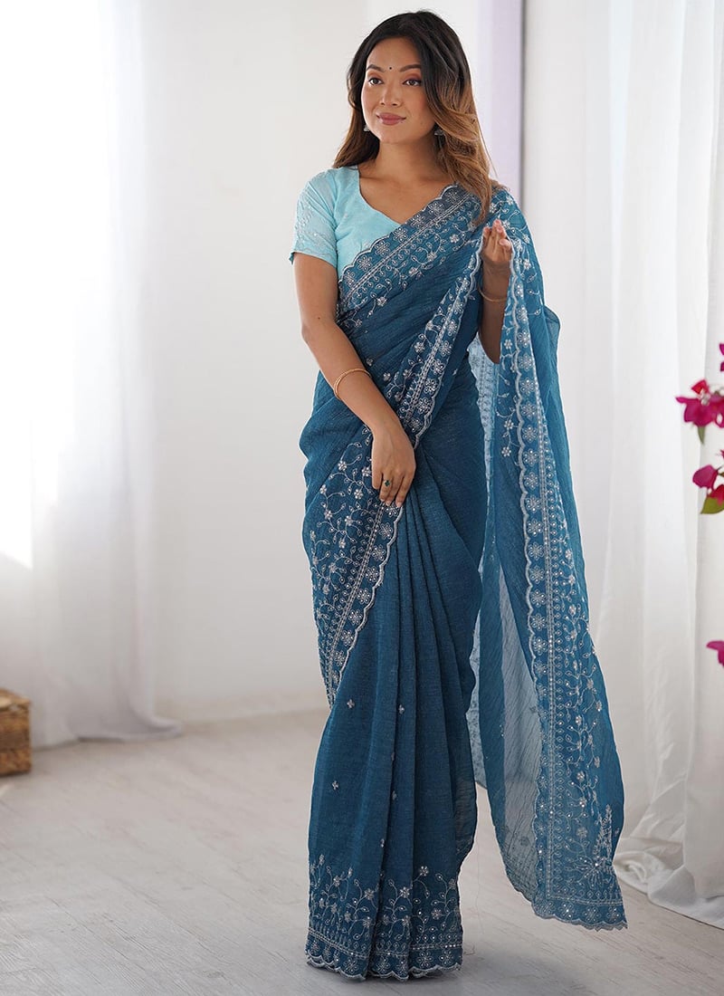 Blue Crunchy Silk Embroidered Saree After Six Wear