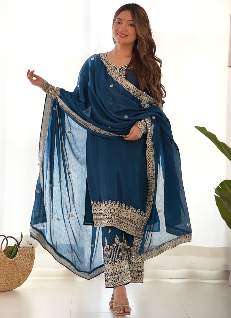 Blue Crunchy Silk Zari Embroidered Sequins Palazzo Suit Festive Wear
