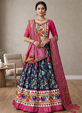 Blue Dhola Silk Mirror Work Navratri Chaniya Choli For Dandiya Night