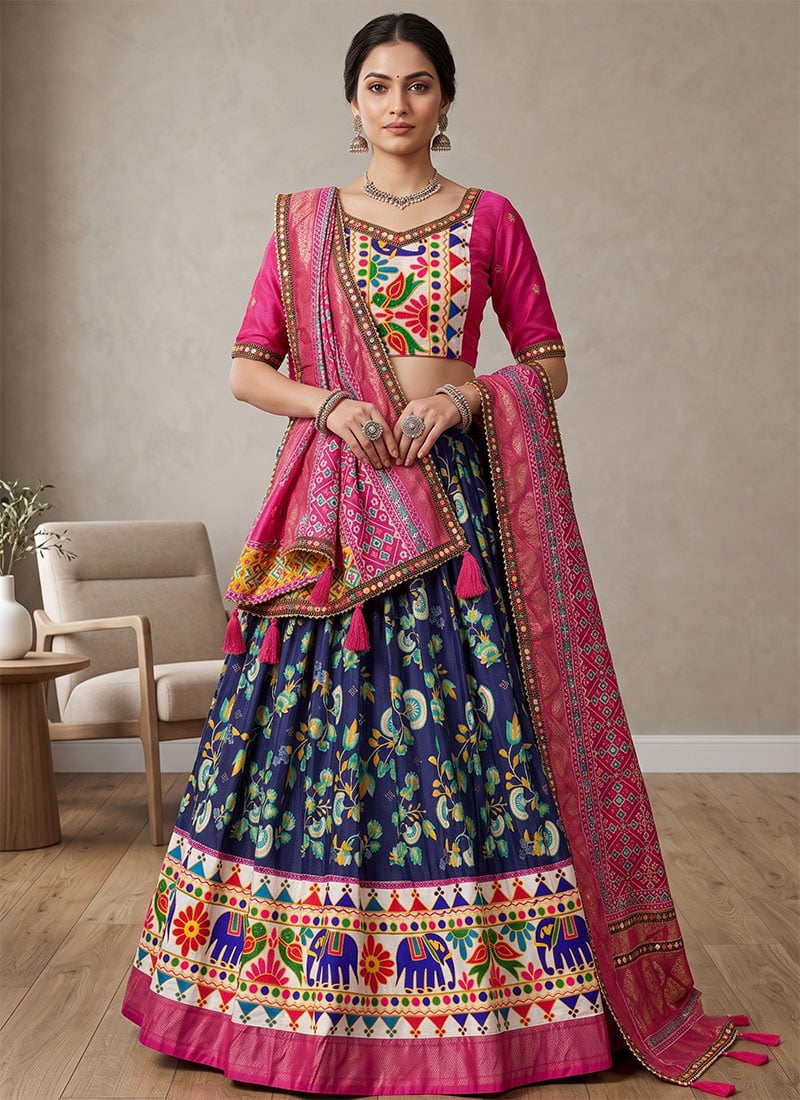 Blue Dhola Silk Mirror Work Navratri Chaniya Choli For Dandiya Night Festive Wear
