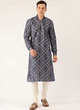 Blue Digital Print Art Silk Kurta Set