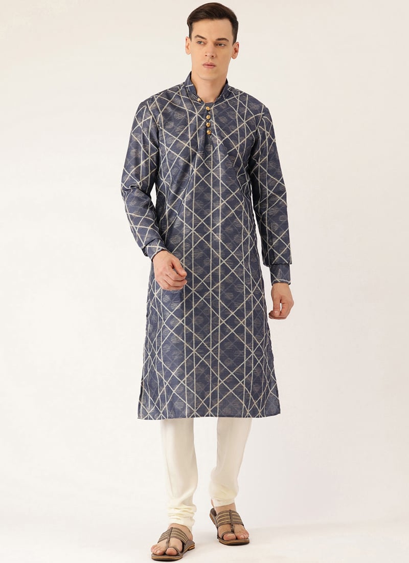 Blue Digital Print Art Silk Kurta Set Festive Wear
