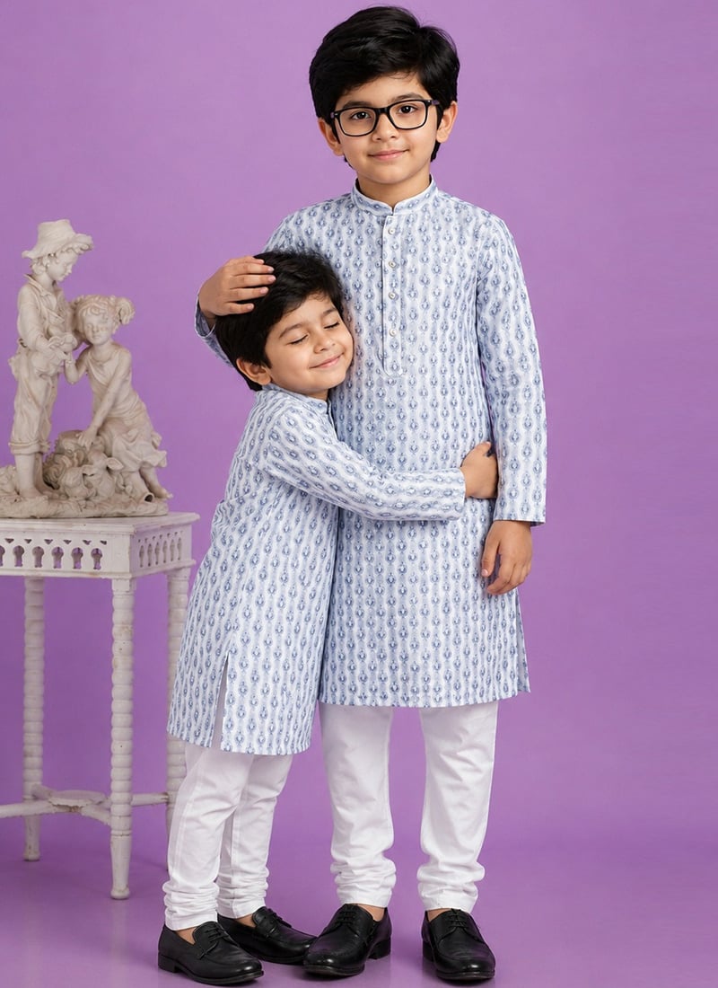 Blue Digital Print Kurta Cotton Kurta Pyjama For Kids Boys Festive Wear