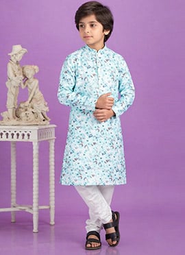 Blue Digital Print Kurta Cotton Kurta Pyjama For Kids Boys