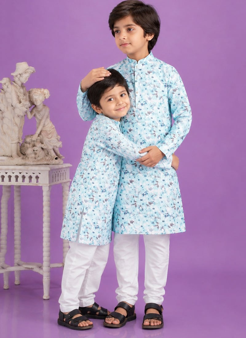Blue Digital Print Kurta Cotton Kurta Pyjama For Kids Boys Festive Wear