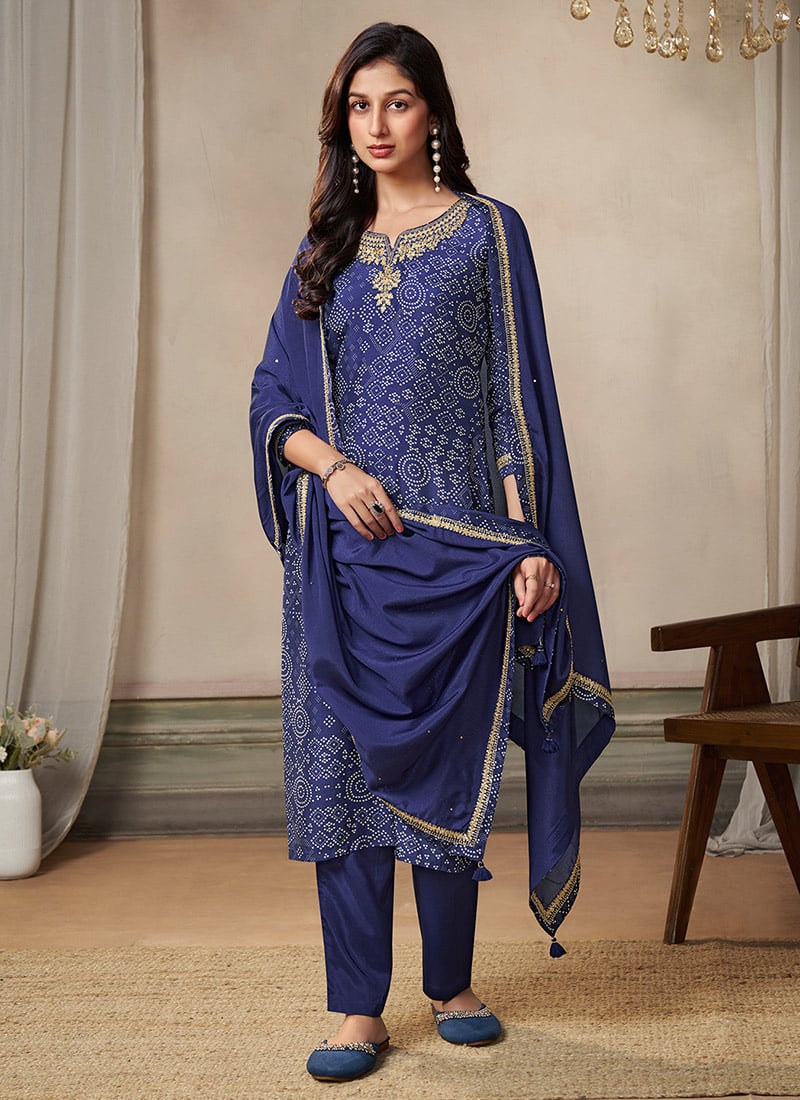 Blue Dola Silk Bandhini Print Embroidered Straight Pant Suit Festive Wear