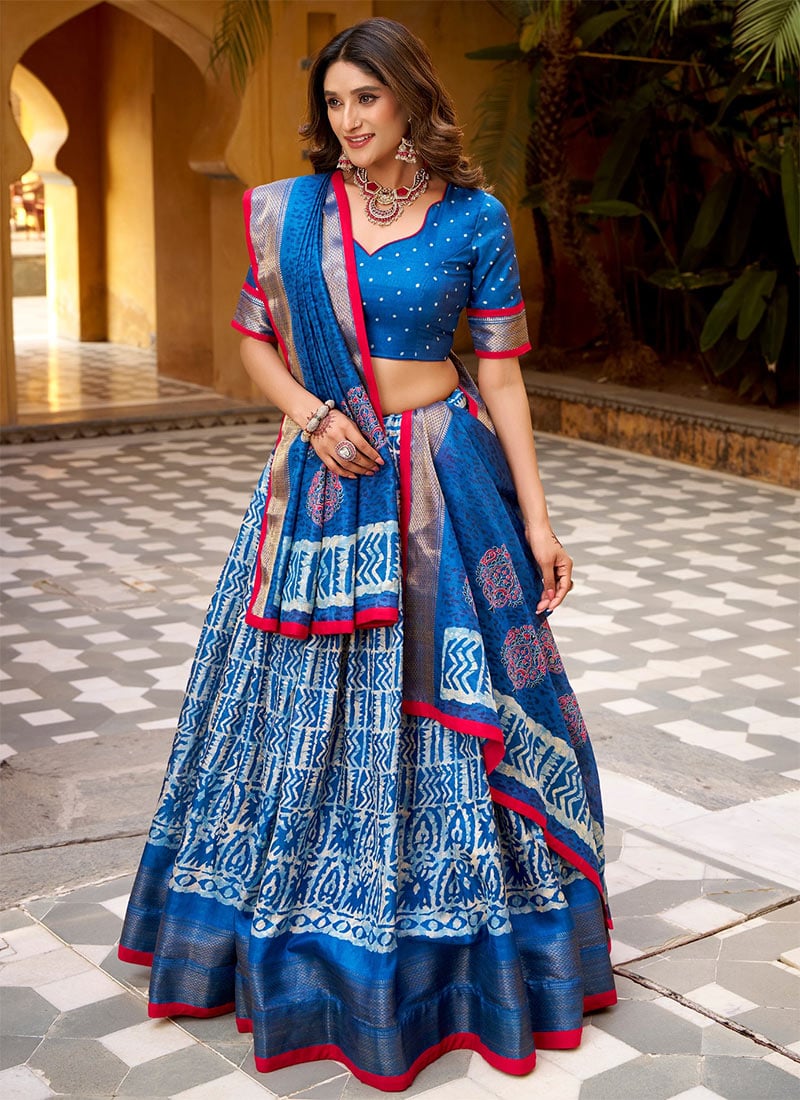 Blue Dola Silk Batik Printed Zari Lehenga Festive Wear