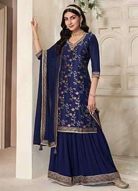 Blue Dola Silk Floral Meena Jacquard Work Sharara Suit