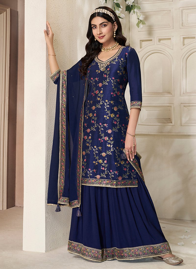 Blue Dola Silk Floral Meena Jacquard Work Sharara Suit Festive Wear-SLSVF1600