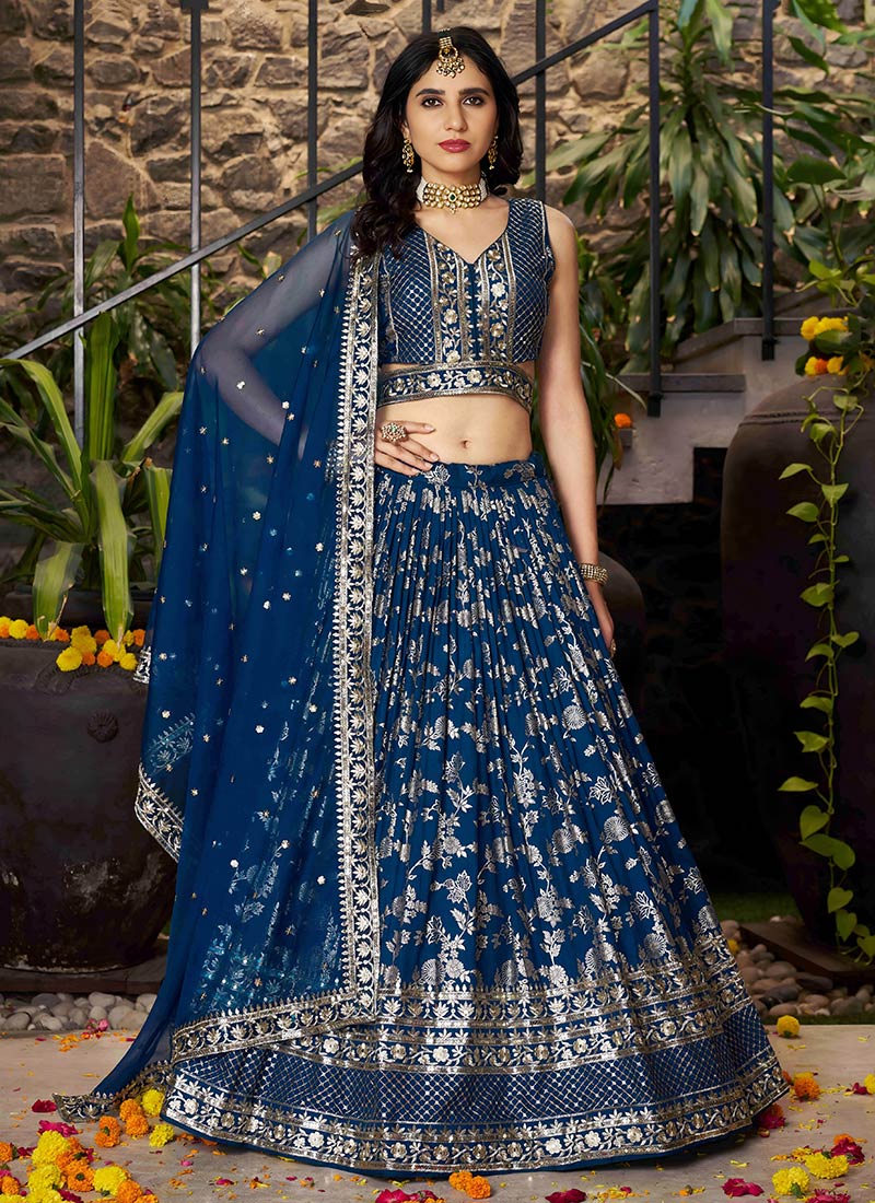 Blue Dola Silk Jacquard Zari Embroidered Sequins Lehenga Wedding Wear