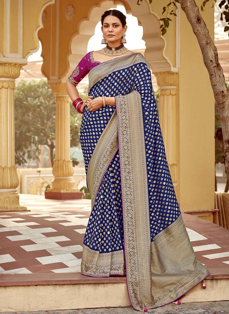 Blue Dola Silk Jacquard Zari Embroidered Sequins With Beads Work Saree Wedding Wear-SASCC39151508