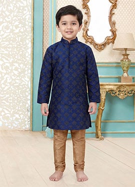 Blue Dupion Silk Embroidered Kids Boys Kurta Pyjama