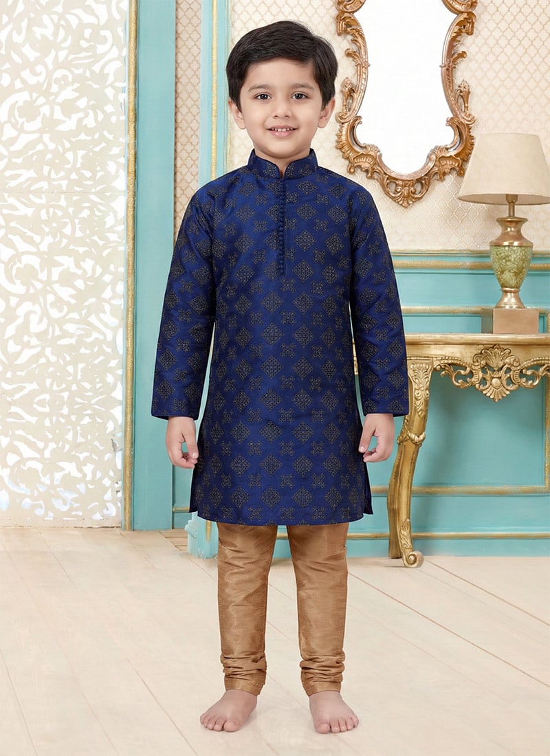 Blue Dupion Silk Embroidered Kids Boys Kurta Pyjama Festive Wear