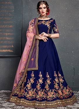 Blue Embroidered A Line Lehenga