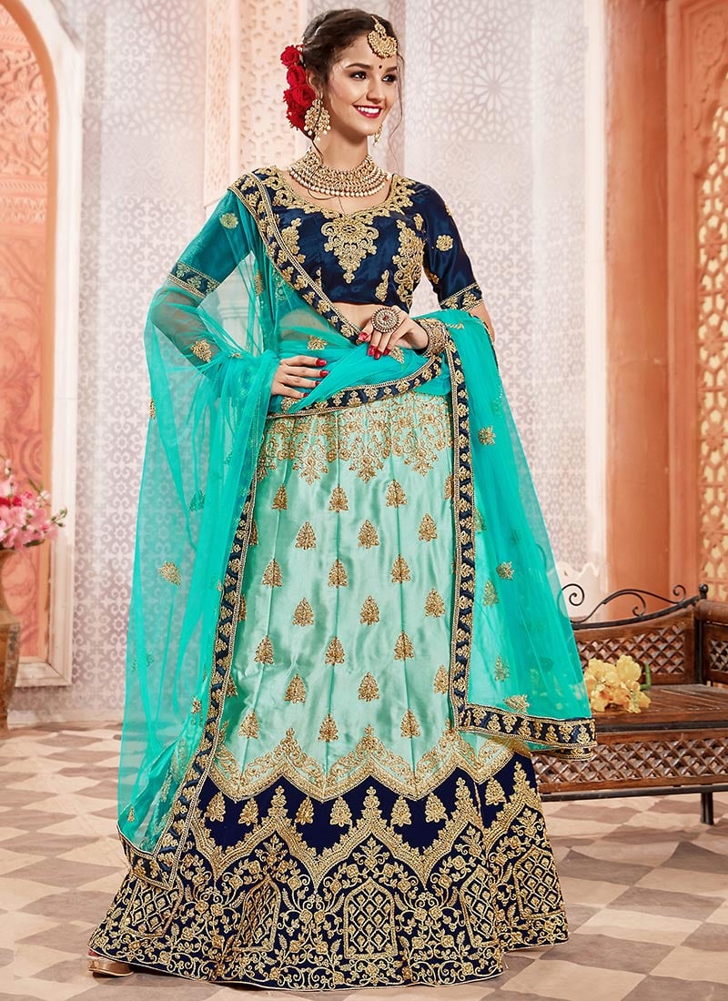 Blue Embroidered A Line Lehenga