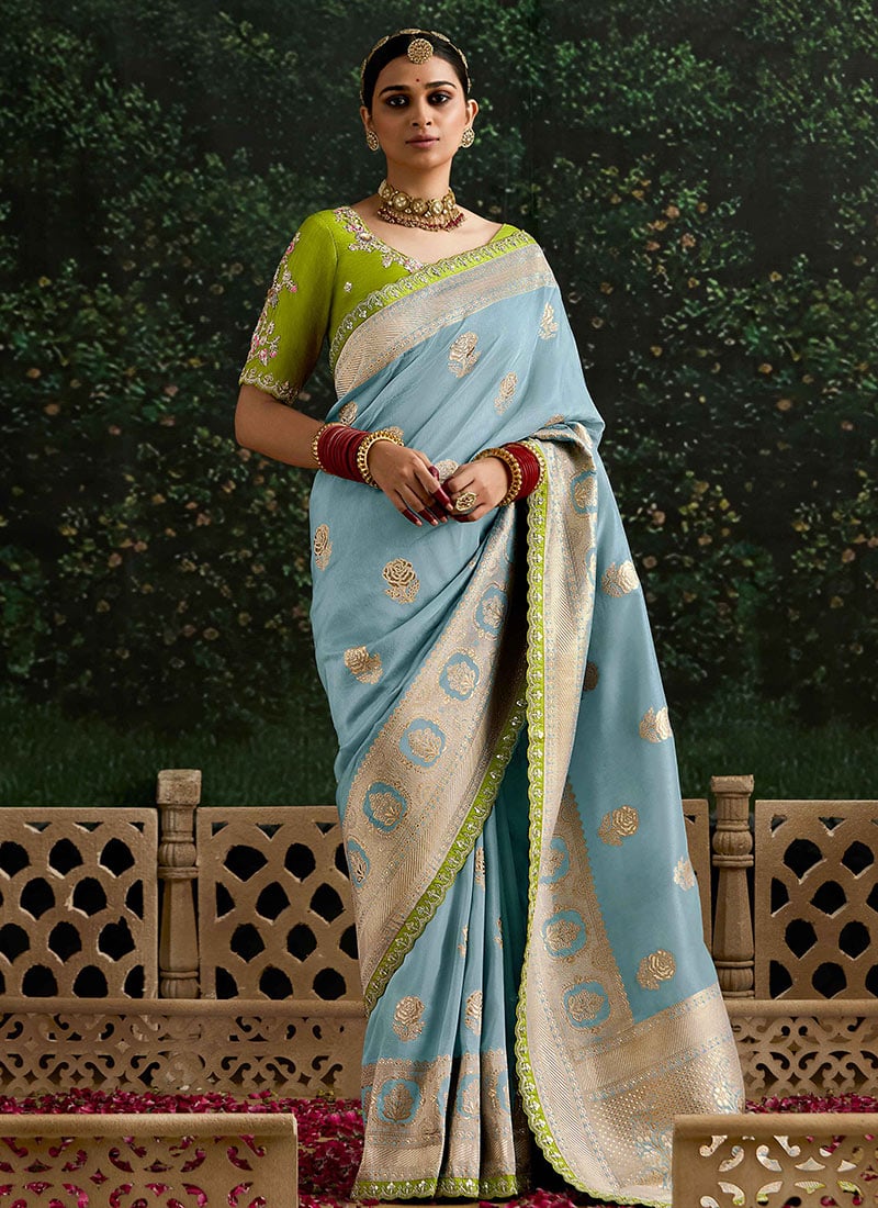 Blue Embroidered And Sequins Thread Work Saree Wedding Wear