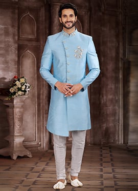 Blue Embroidered Art Silk Indowestern Sherwani
