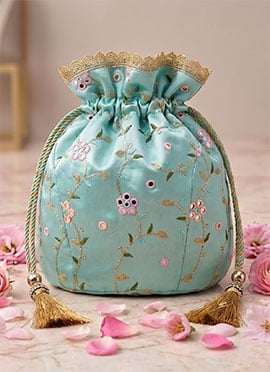 Blue Embroidered Art Silk Potli Bag