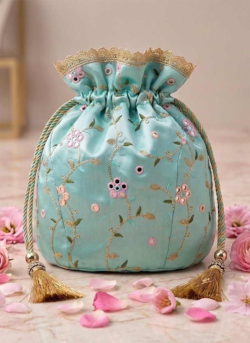 Blue Embroidered Art Silk Potli Bag