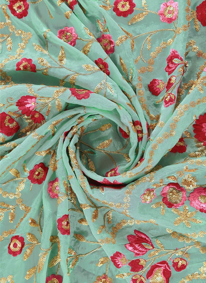 Blue Embroidered Chinon Fabric