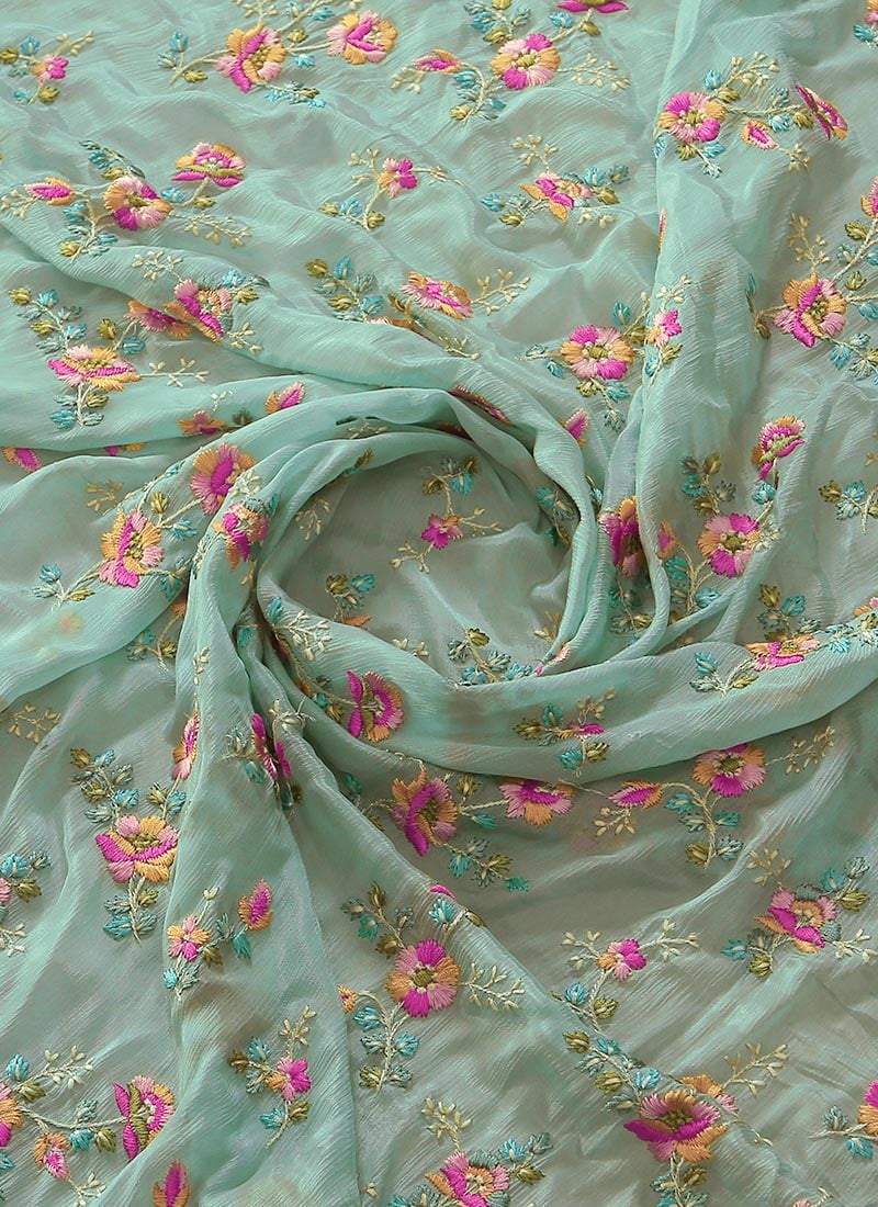 Blue Embroidered Chinon Fabric