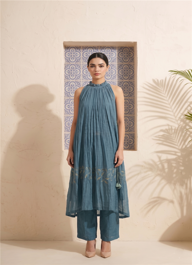 Blue Embroidered Cotton Kurta Set After Six Wear
