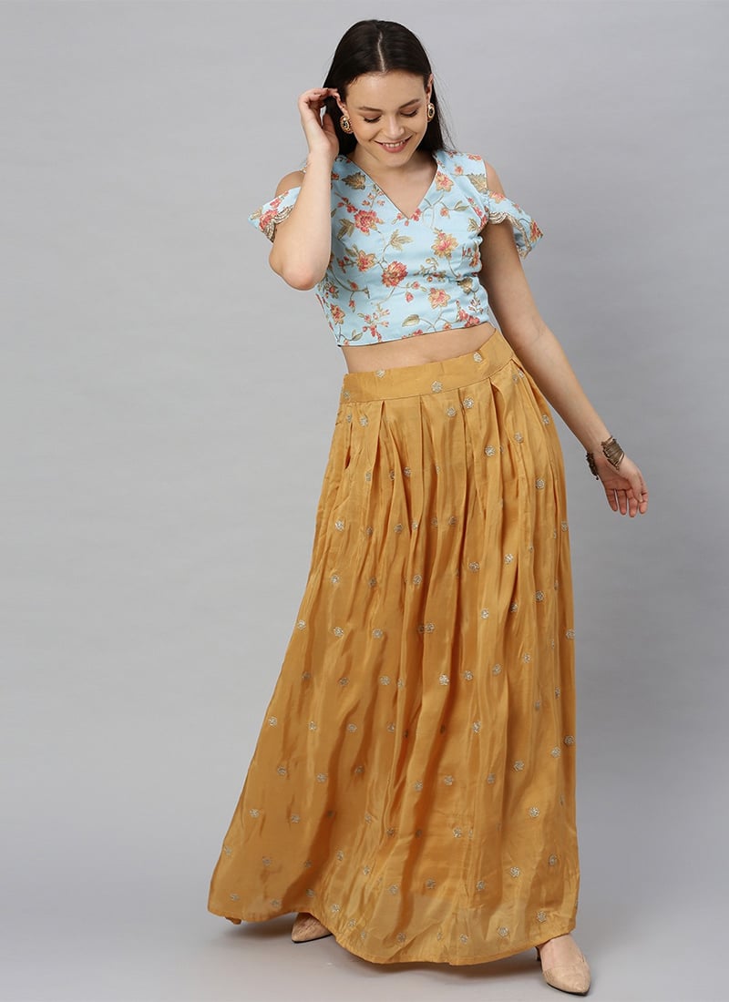 Blue Embroidered Crop Top And Skirt Party Wear