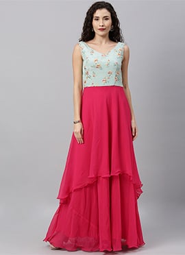 Blue Embroidered Double Layered Floor Length Gown