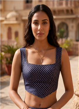 Blue Embroidered Georgette Smocking Blouse