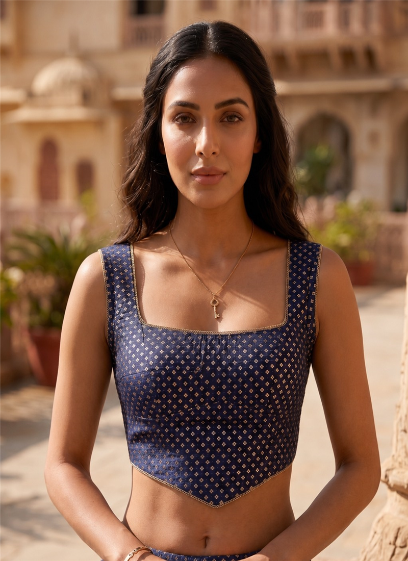 Blue Embroidered Georgette Smocking Blouse Festive Wear