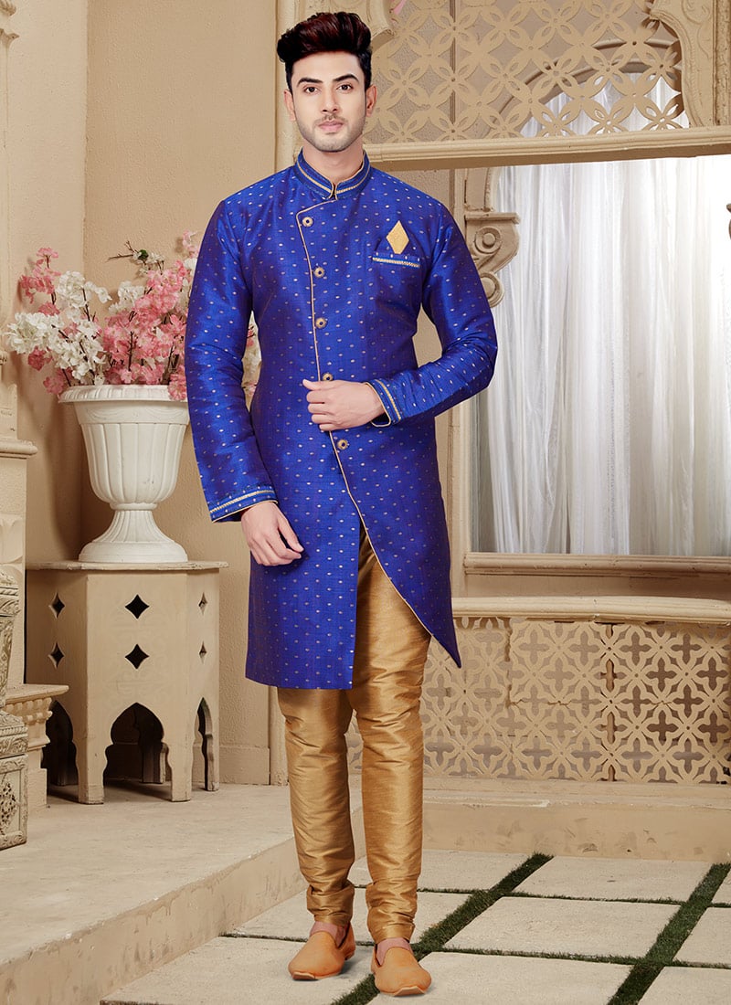 Blue Embroidered Indowestern Sherwani Wedding Wear