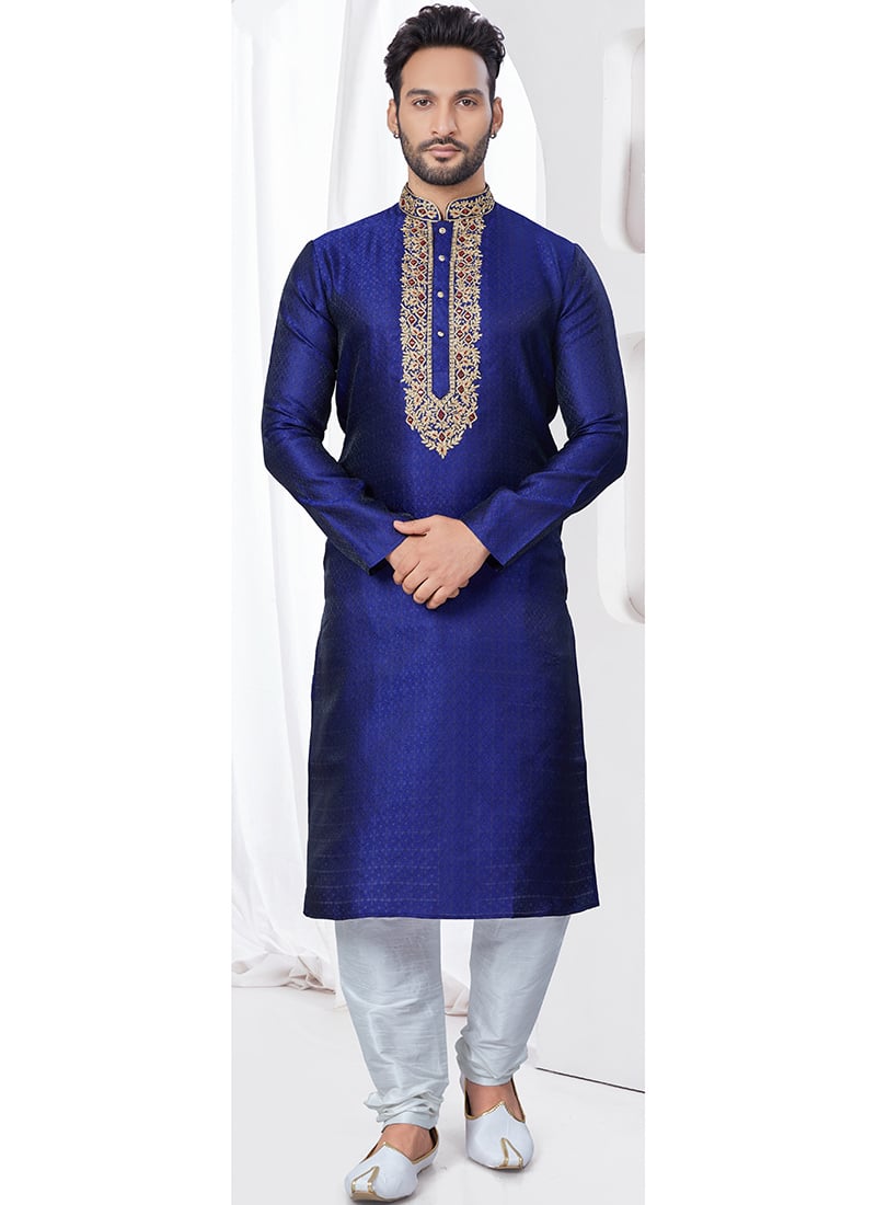 Blue Embroidered Jacquard Print Silk Kurta Pyjama For Men Festive Wear