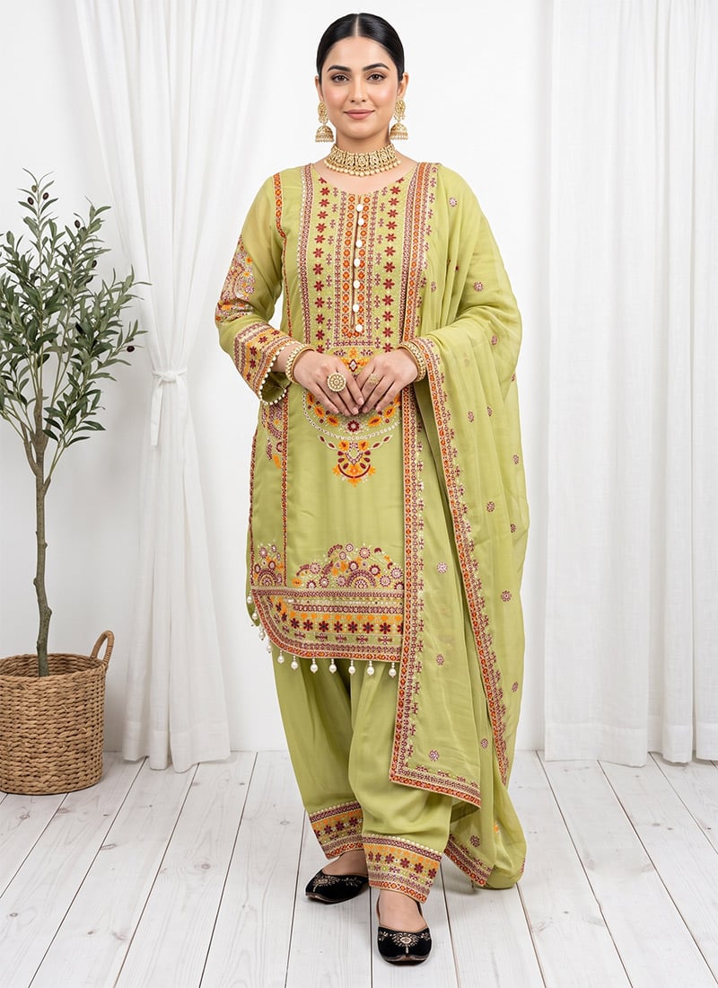Blue Embroidered Mal Chanderi Patiala Salwar Suit Festive Wear